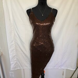 Fashion Nova Asymmetrical Brown Sequin Dress